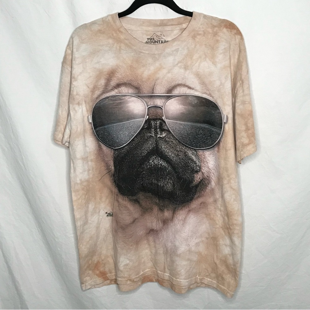 The Mountain Tan Brown Tie Dye T-shirt Large Pug Aviator Sunglasses Dog Unisex